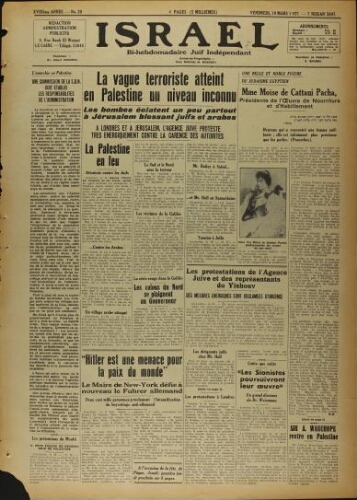 Israël : Hebdomadaire Juif Indépendant Vol.18 N°20 (19 mars 1937)